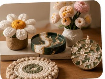Crochet, resin and macrame pieces