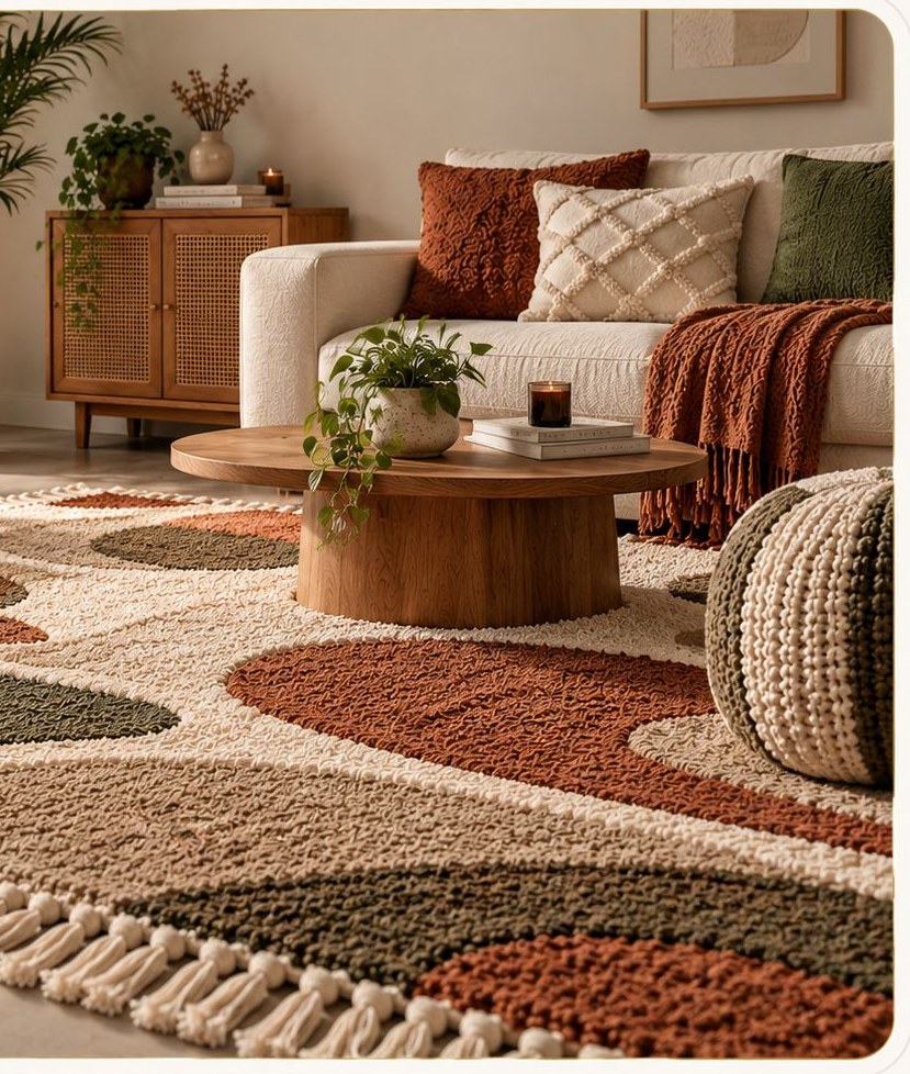 A living room with a hand-tufted rug, pouf and cushions